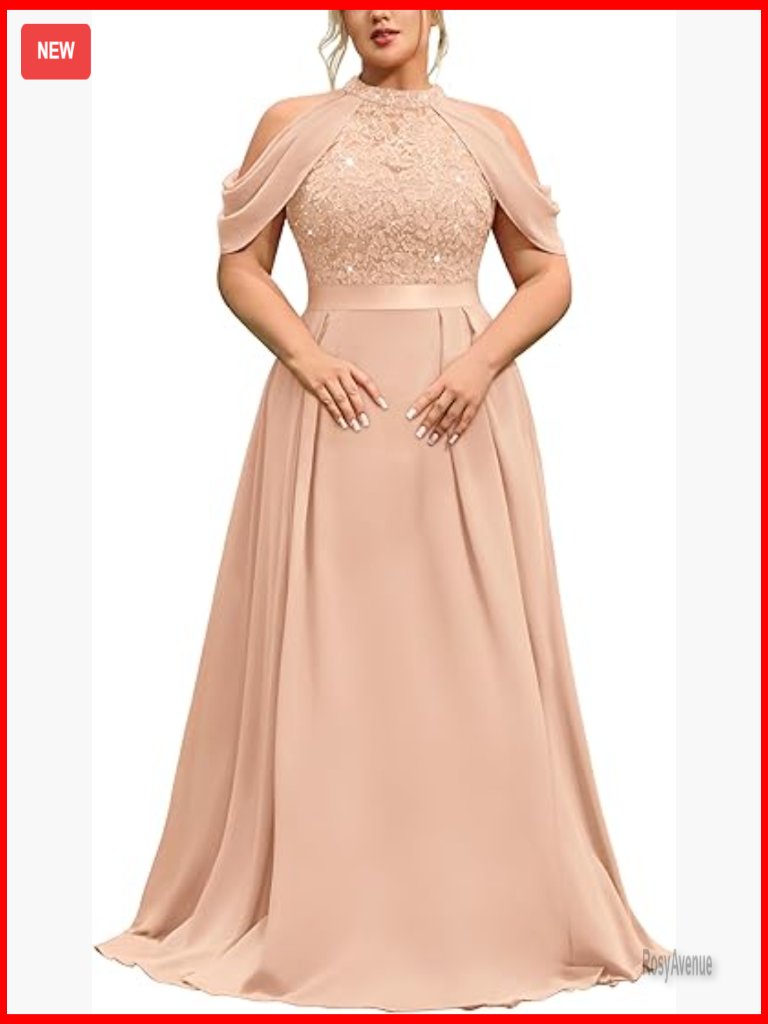 Sequin Lace Halter Maxi Dress With Cape Sleeves Formal Evening Gown Plus Size